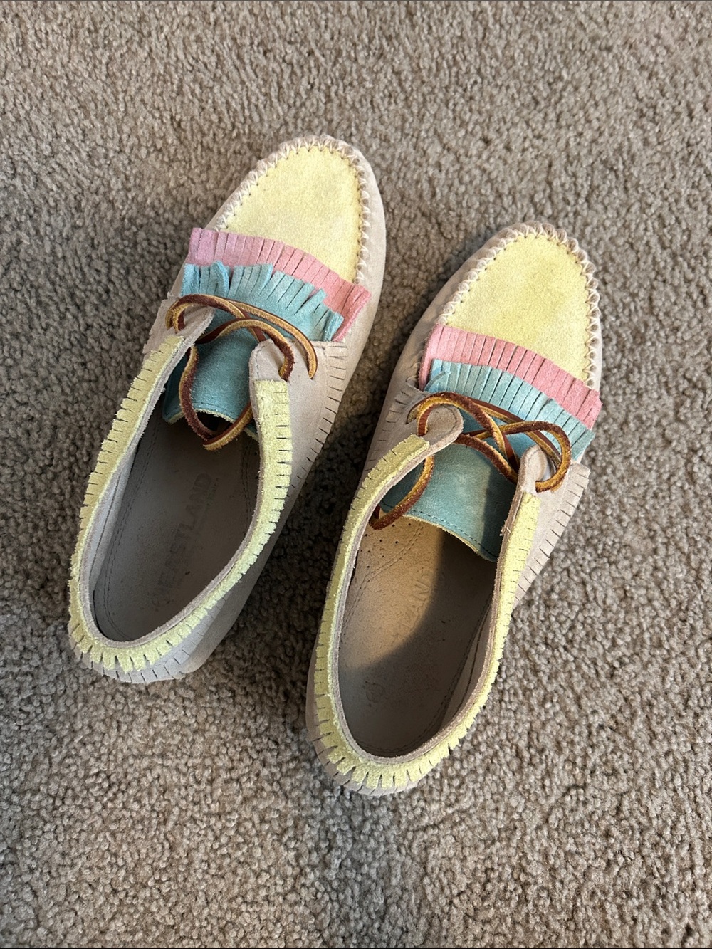 Eastland Suede Fringe Loafers Moccasins in Pastel Yellow/Green, Pink & Aqua 8